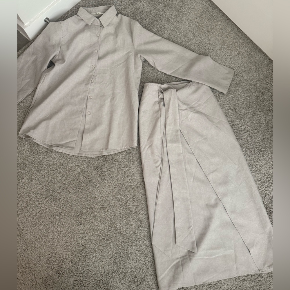 Beige Women's button up and wrap skirt Set